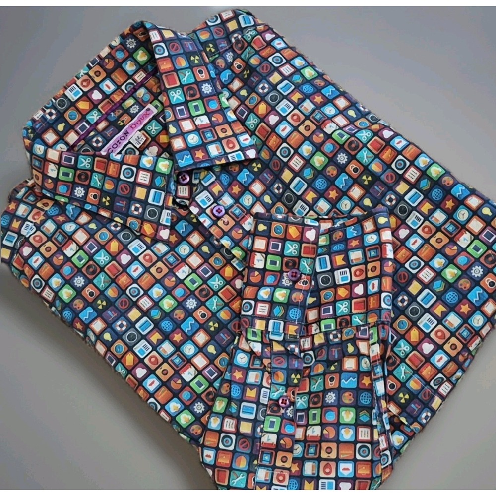 Coton Doux Mens 16.5 / 42 Tile Geo Emoji? Long Sleeve Shirt Button Up Colorful
